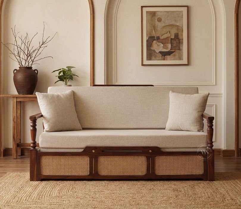 Ayaana Sheesham Wood 3 Seater Sofa Cum Bed with Cane Weaving & Premium Upholstery (Teak Finish, Jade Ivory)