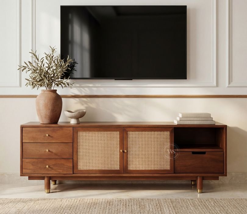 Eka Mango Wood and Cane TV Unit (Teak Finish)