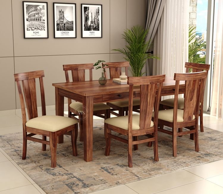 Mcbeth Sheesham Wood 6 Seater Dining Set with Drawer Storage (Honey Finish)