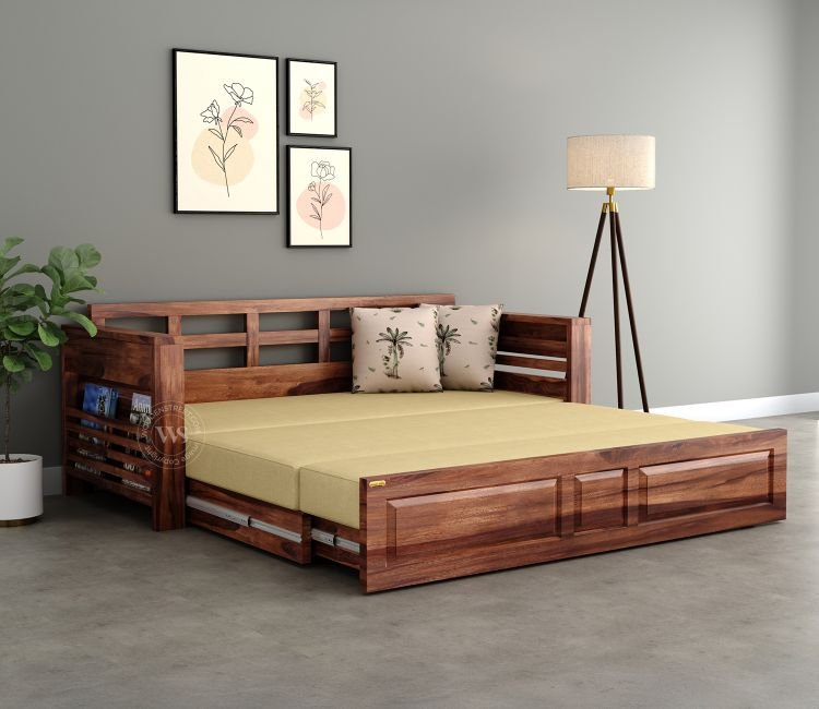 Feltro Sheesham Wood Sofa Bed With Storage (King Size, Honey Irish Cream)